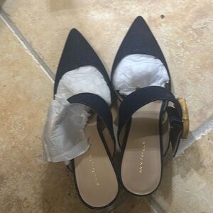 NIB denim kitten heels with buckle. Very stylish yet comfortable